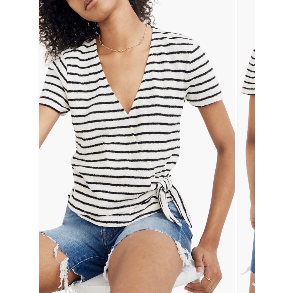 MADEWELL Black & White Striped Short Sleeve Wrap Top Size Small